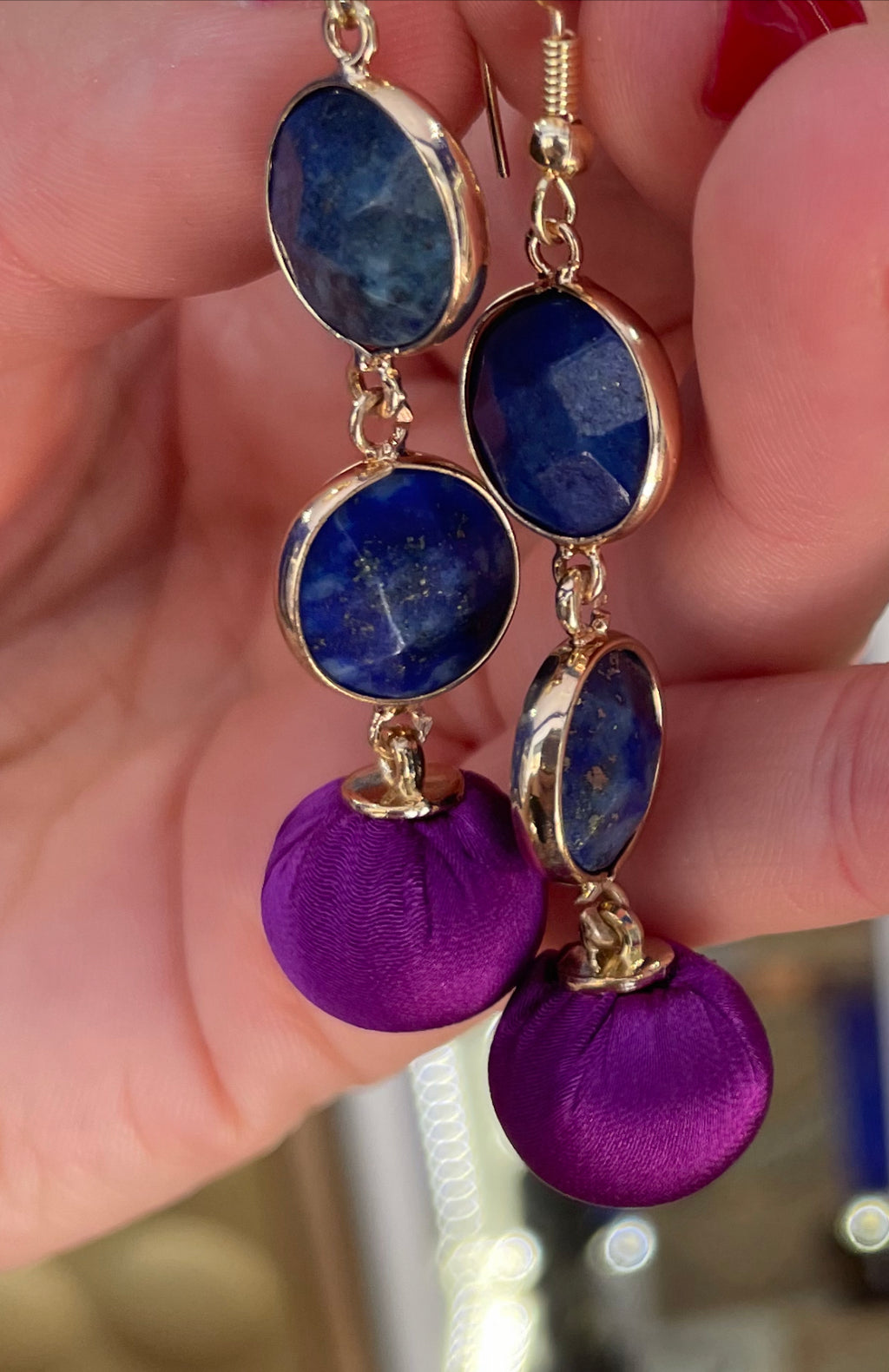 Boucles d oreilles Artisanales Lapis lazuli -Pompons