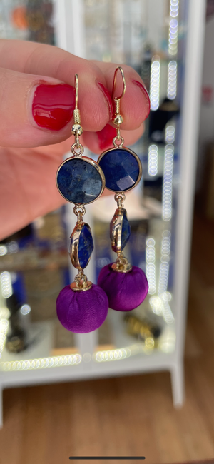 Boucles d oreilles Artisanales Lapis lazuli -Pompons
